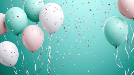 Pastel balloons confetti celebration teal backdrop