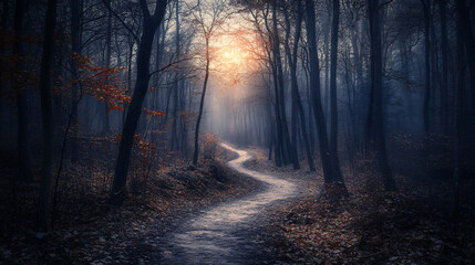 Serene winding path through a lush green forest at dusk with soft light filtering through the trees creating a tranquil atmosphere.