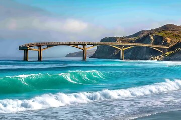 A beautiful coastal bridge connecting two islands, with turquoise waters and rolling waves below.