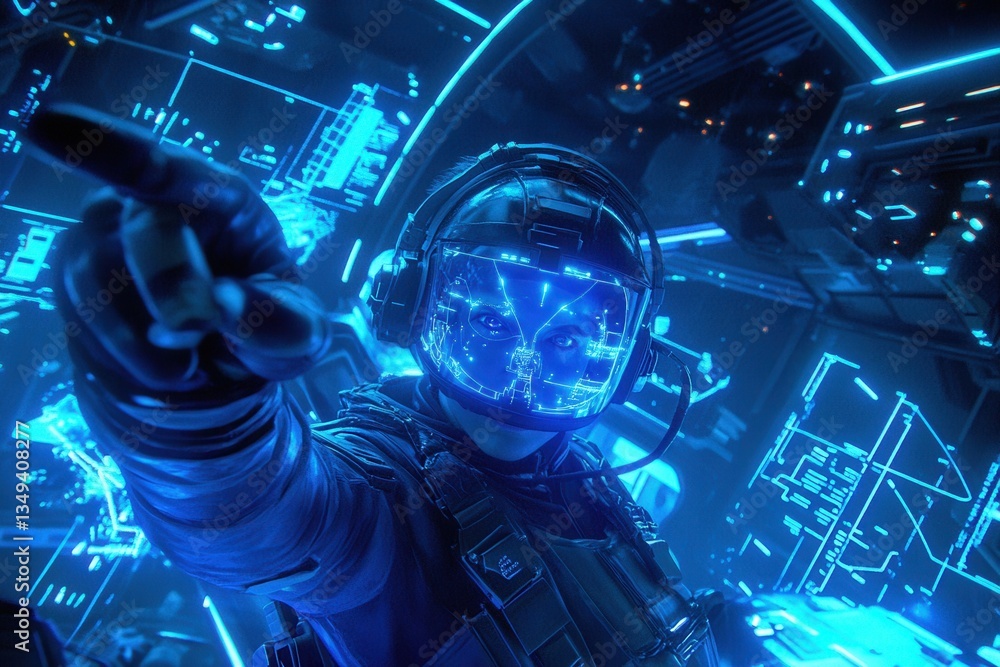 Poster futuristic astronaut in a high-tech space environment with neon glow