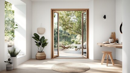 Sunlit room with French doors opening to a tranquil patio and greenery