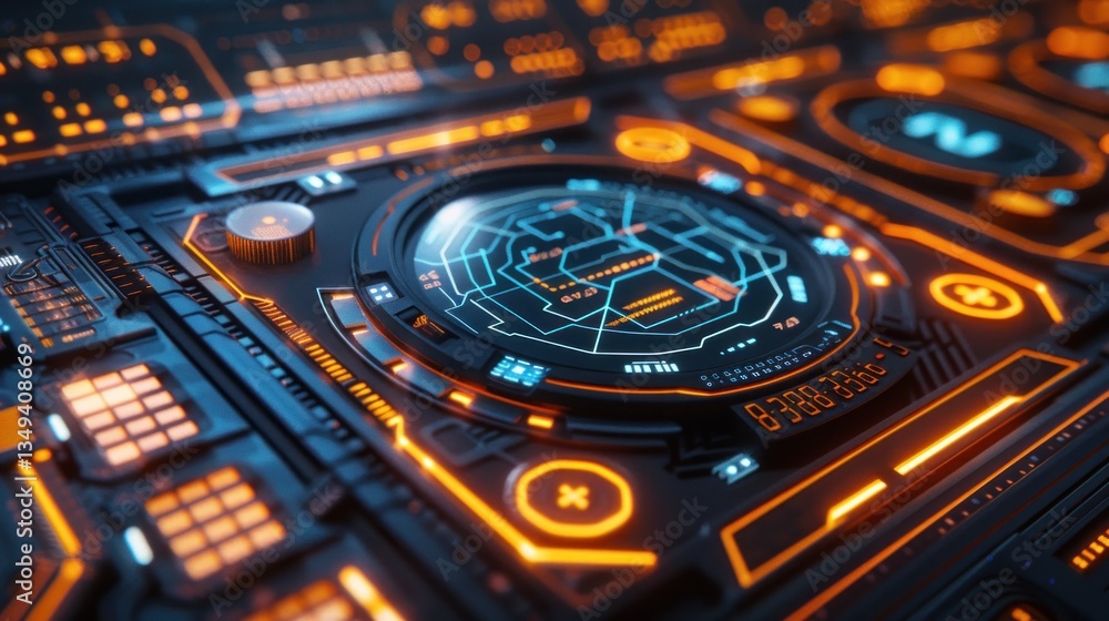 Poster futuristic control panel with glowing hexagons and soft ambient lighting for seamless interaction