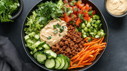 vibrant vegan bowl filled with fresh vegetables, cashew cream, and flavorful toppings