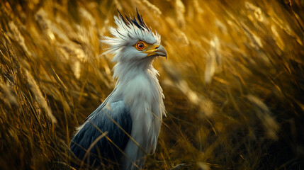 Fototapeta premium Secretary bird standing in tall golden grass with a sharp gaze and striking plumage details