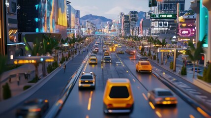 Fototapeta premium Futuristic Cityscape at Dusk: Neon Lights and Autonomous Vehicles