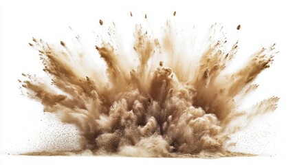 Dramatic explosion of brown dust and debris creating a cloud against a white background, showcasing dynamic motion