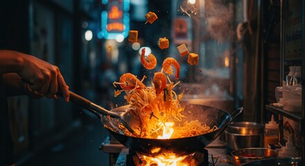 Cooking Pad Thai on Street Food Stall with Shrimp and Tofu