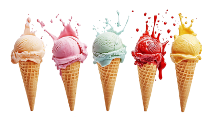 Set of various flavors of ice cream, ice cream in waffle cone. Various colors, flavors of ice cream set. isolated transparent background