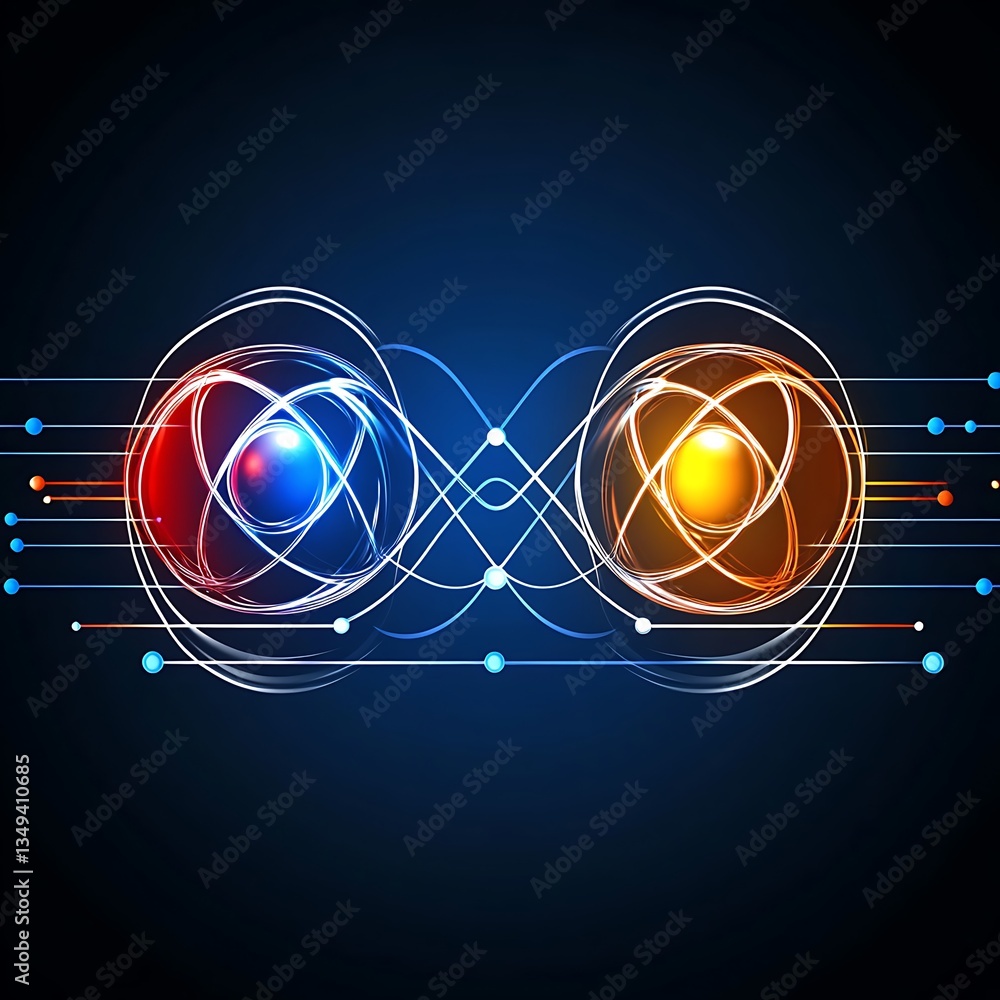 Poster two atomic structures with energy transfer depicted in bright colors