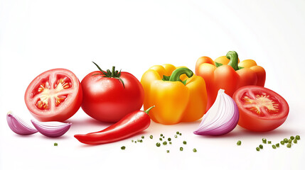A vibrant still life featuring fresh tomatoes peppers onions and a chili pepper on a white background