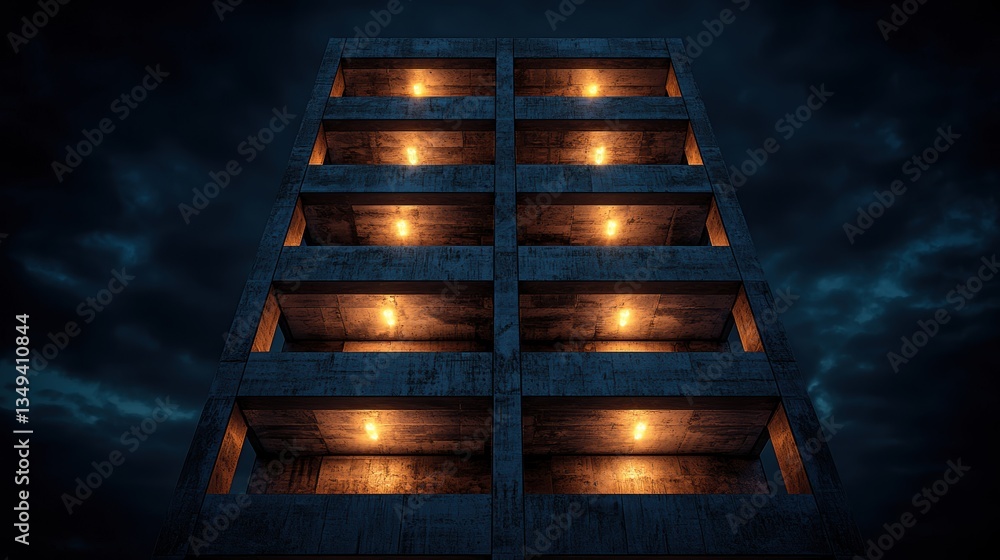 Poster low angle view of towering pipe rack structure illuminated by ambient lighting at night