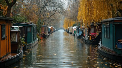 Obraz premium Rainy autumn day on a canal lined with houseboats, leaves floating on the water