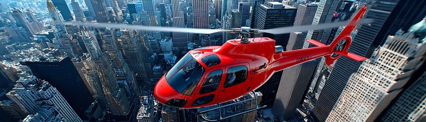 Obraz premium A vibrant red helicopter soaring above a bustling city skyline, showcasing urban landscape from an aerial perspective.