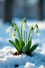 Snowdrops growing in clusters on a snowy surface, frosty, soil