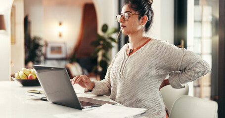 Remote work from home, back pain or woman with laptop, tension or pressure in lounge. Writer,...