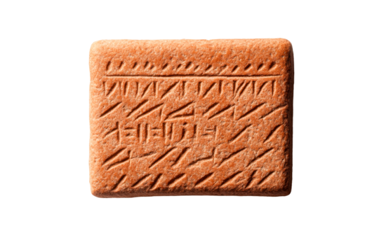 Ancient tablet close up on a dark background, cut out transparent