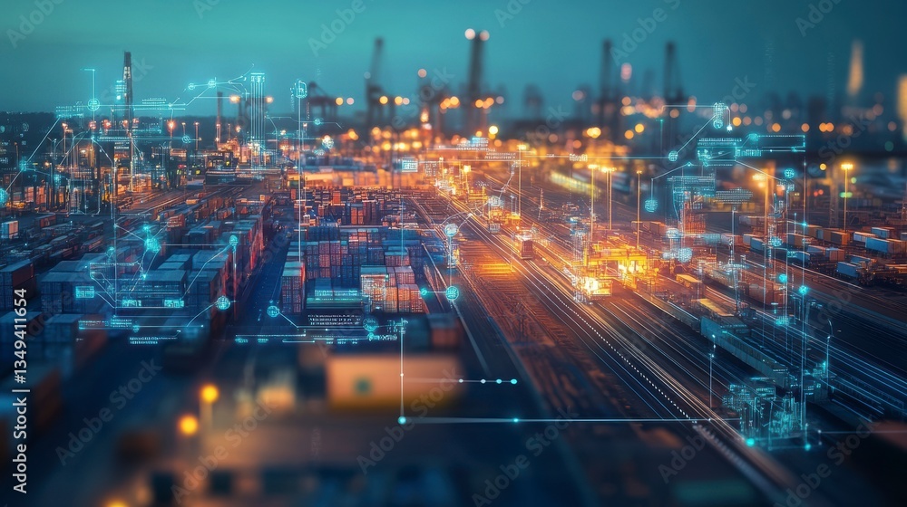 Poster night view of a busy cargo port with digital overlay showing logistics and data flow.