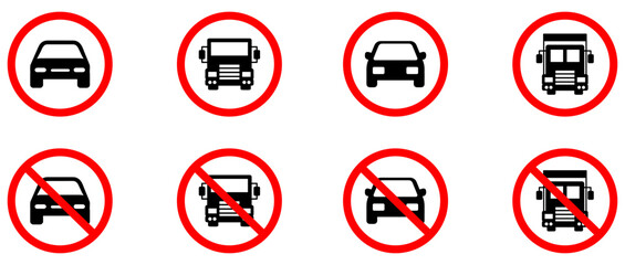 Set of car forbidden signs. No car parking, no parking road warning signs. No cars entry, the red circle sing. Vector illustration. EPS 10