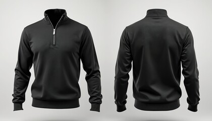 Blank black quarter zip sweater mockup. Front and back view of male apparel. Mockup of blank black sweatshirt, zipper, jacket isolated on white. Casual attire, sport, clothing, cotton.
