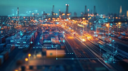 Night view of a busy cargo port with digital overlay showing logistics and data flow.