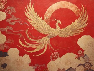 Golden Phoenix in Flight Against a Red Sky