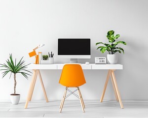 Modern desk setup with computer, stylish chair, and decorative plants in a bright, minimalist workspace.