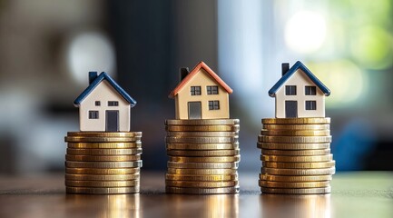 Miniature houses on stacks of coins, home affordability, home buying, finance