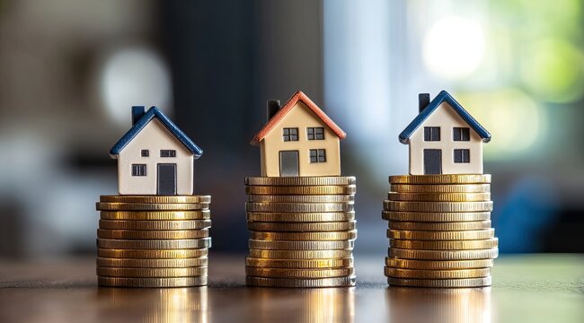 Miniature houses on stacks of coins, home affordability, home buying, finance - Powered by Adobe