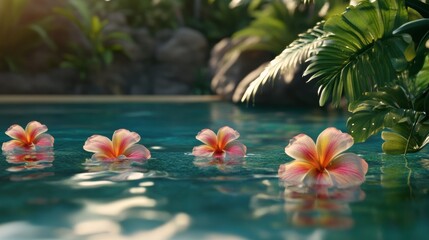 Floating Numbers in Lagoon Pool with Tropical Foliage