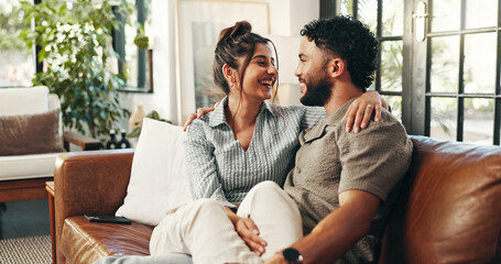 Home, relax and couple on sofa, love and bonding together with happiness, relationship and comfort....