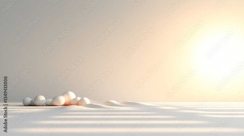 Poster soft light illuminates a cluster of smooth, white stones resting on a gently undulating surface