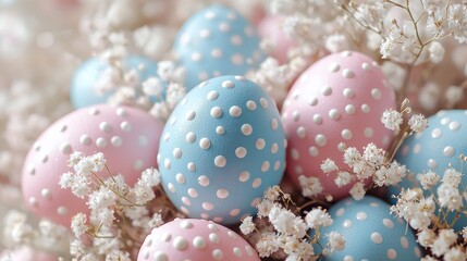 Obraz premium Pastel-colored speckled eggs nestled amongst delicate white flowers