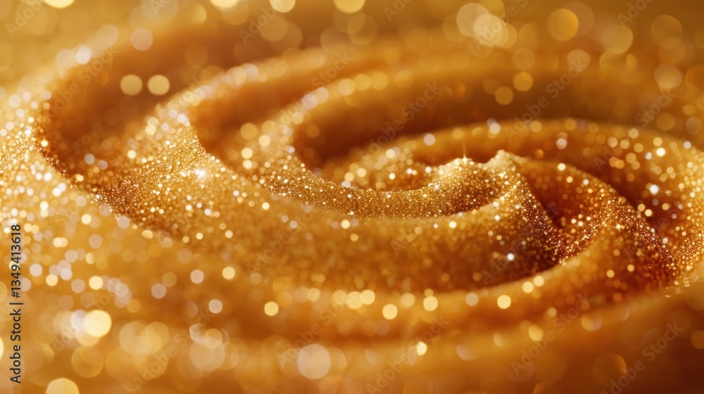 Poster fine golden particles create a surreal spiral vortex with soft ambient light enhancing the elegant e