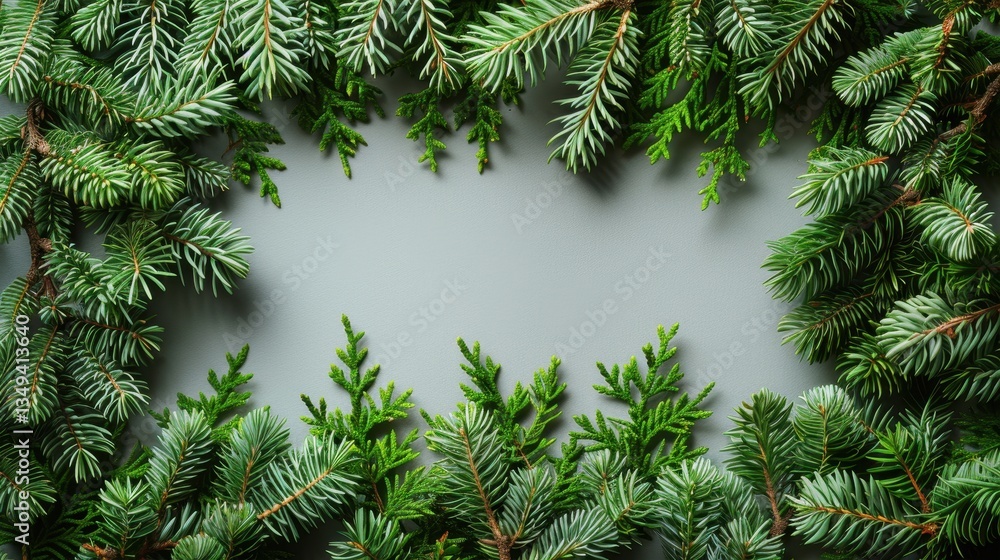 Poster green evergreen branches frame on grey background