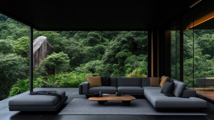 Fototapeta premium Modern outdoor living area with a view of lush greenery. Spacious, minimalist design features a gray sectional sofa, coffee table, and low seating. Glass walls provide panoramic views of a forest