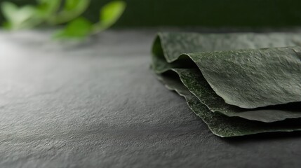 Close-up of a stack of dark green leaves on a black surface. the leaves are arranged in a neat stack, with the top leaf slightly overlapping the bottom one.