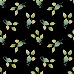 A seamless pattern featuring delicate green and light yellow leaves on a black background, creating a natural and elegant design.