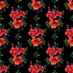 A vibrant floral pattern featuring red hibiscus flowers, smaller red and purple blossoms, and green leaves against a black background.