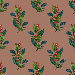 A seamless floral pattern featuring vibrant red and yellow flowers with lush green leaves on a brown background.