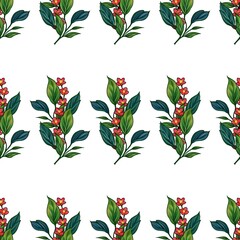 A seamless pattern featuring vibrant red flowers and lush green leaves on a white background, ideal for textiles or wallpapers.
