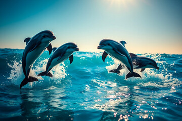 Playful Dolphins Leaping Gracefully from Vibrant Blue Ocean Waters Under a Clear Sky, Showcasing Their Agility, Elegance, and the Beauty of Marine Wildlife