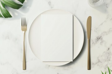 Blank white menu mockup on plate with cutlery, top view, isolated, 3d rendering. Clear brochure with sheets for breakfast or dinner mock up. Empty vertical paper flyer template in restaurant or cafe