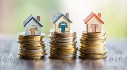 Miniature homes on stacks of coins; home investment; blurred nature background