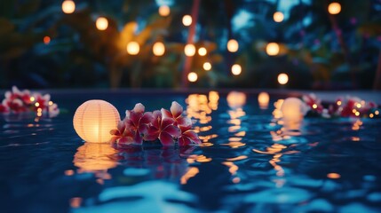 Digits Floating in Pool with Floral Leis and Los Angeles