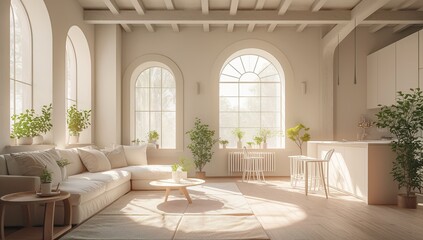 Sunny open-plan living room with kitchen, plants, and arched windows