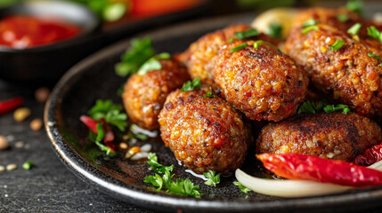 A close up shot of delicious looking meatballs on a dark plate garnished with parsley and red pepper