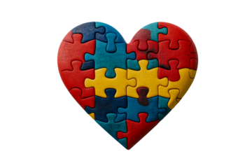 Heart assembled from colorful wooden puzzle pieces, cut out transparent