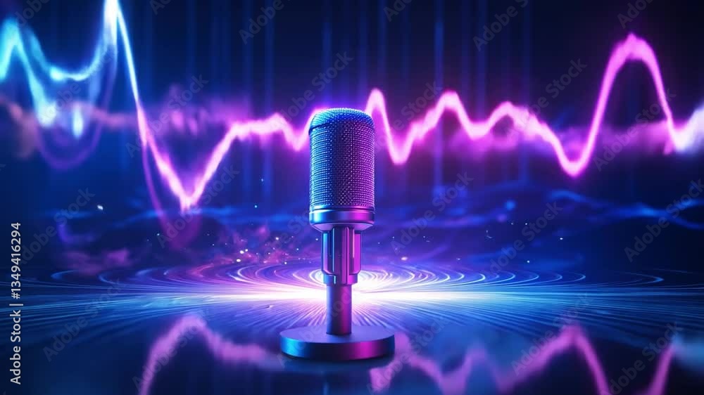 Poster colorful sound waves emanating from a microphone in a vibrant digital audio environment with dynamic