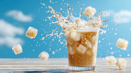 Refreshing iced coffee splash with sugar cubes flying in air, creating dynamic scene