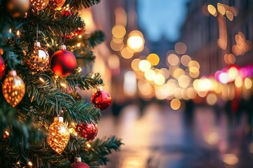 Obraz premium Festive City Street with Christmas Tree